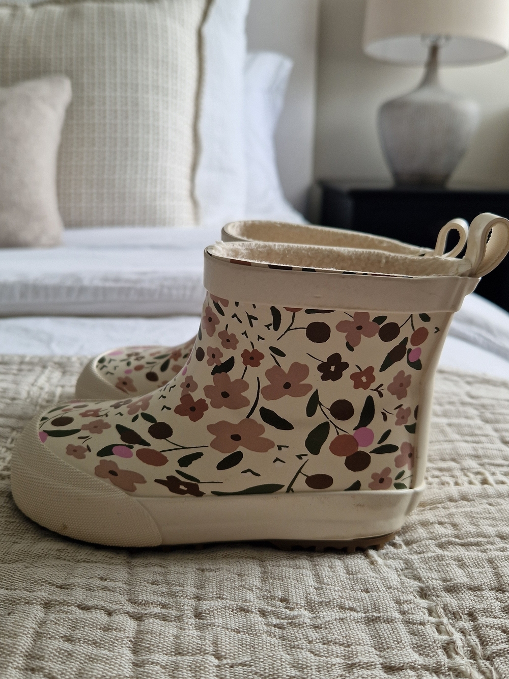 H&M Cream Floral Rain Boots with Pink and Brown Accents